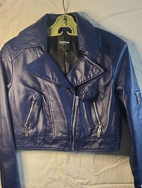 Bebe Shiny Rolyal Blue Leather  Moto Jacket